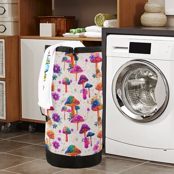 Large Capacity Drawstring Laundry Backpack Portable Dirty Clothes Hamper Mushroom Pattern
