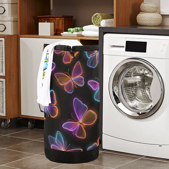 Large Capacity Drawstring Laundry Backpack Portable Dirty Clothes Hamper Neon Butterflies