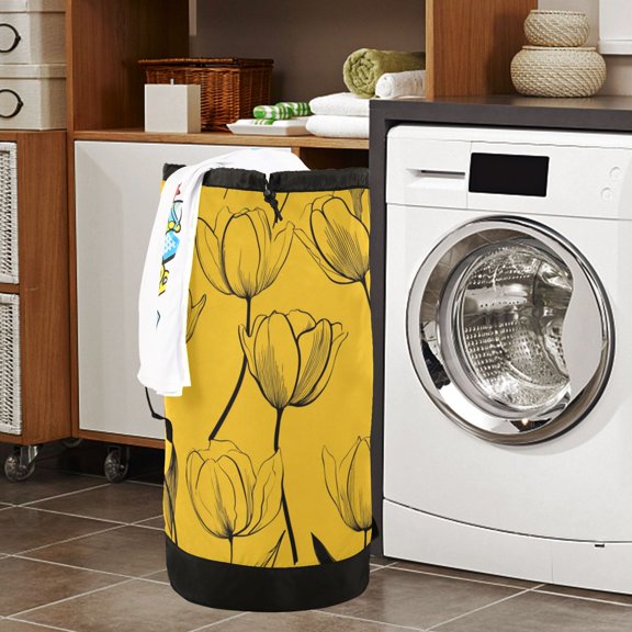 Large Capacity Drawstring Laundry Backpack Portable Dirty Clothes Hamper Pattern Of Tulips