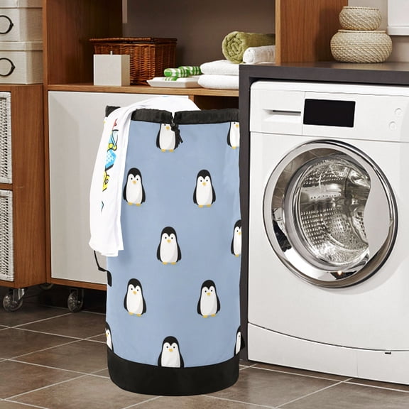 Large Capacity Drawstring Laundry Backpack Portable Dirty Clothes Hamper Penguins