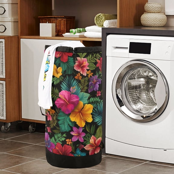 Large Capacity Drawstring Laundry Backpack Portable Dirty Clothes Hamper Plumeria