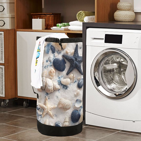 Large Capacity Drawstring Laundry Backpack Portable Dirty Clothes Hamper Seashells & Starfish