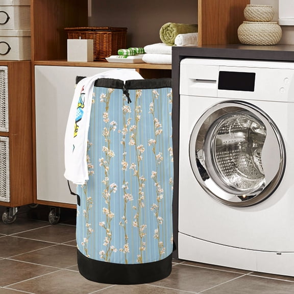 Large Capacity Drawstring Laundry Backpack Portable Dirty Clothes Hamper Small White Flowers