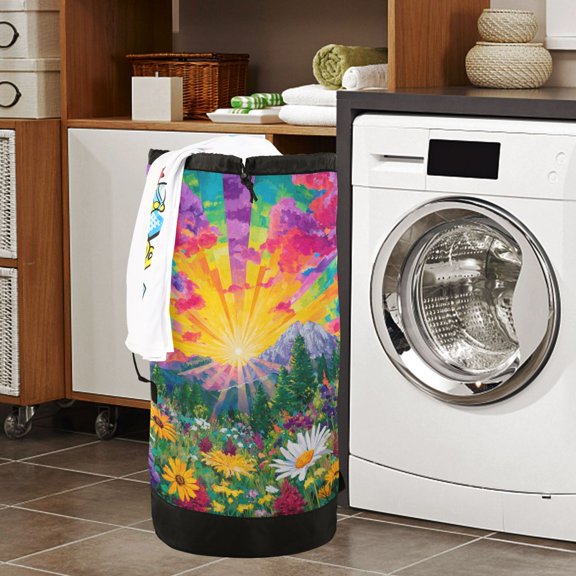 Large Capacity Drawstring Laundry Backpack Portable Dirty Clothes Hamper Sunrise Wildflorals