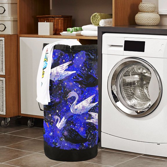 Large Capacity Drawstring Laundry Backpack Portable Dirty Clothes Hamper Swan Patterns with Stars