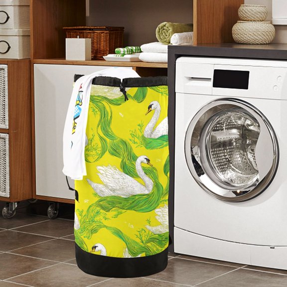 Large Capacity Drawstring Laundry Backpack Portable Dirty Clothes Hamper Swans Pattern