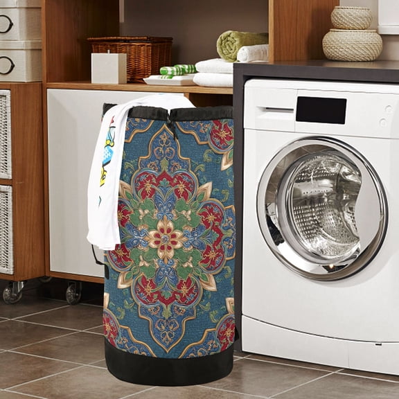 Large Capacity Drawstring Laundry Backpack Portable Dirty Clothes Hamper Traditional Spanish Pattern