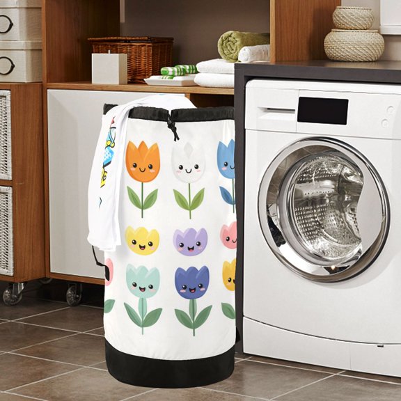 Large Capacity Drawstring Laundry Backpack Portable Dirty Clothes Hamper Tulip Flower Set