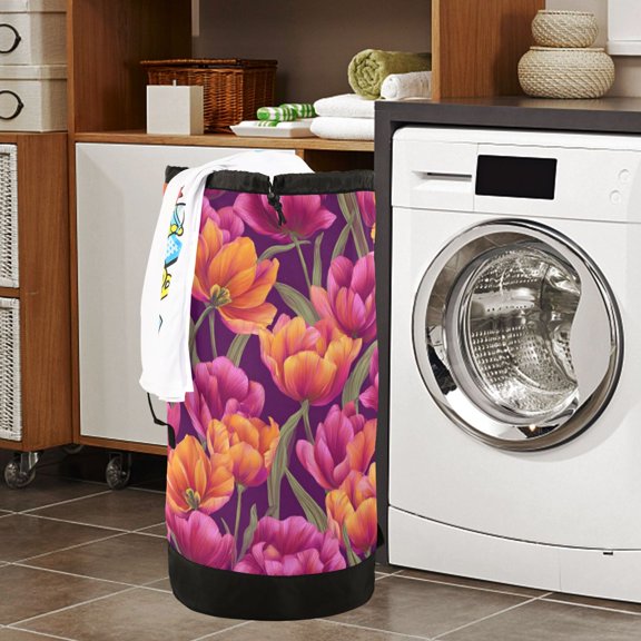 Large Capacity Drawstring Laundry Backpack Portable Dirty Clothes Hamper Tulips Pattern
