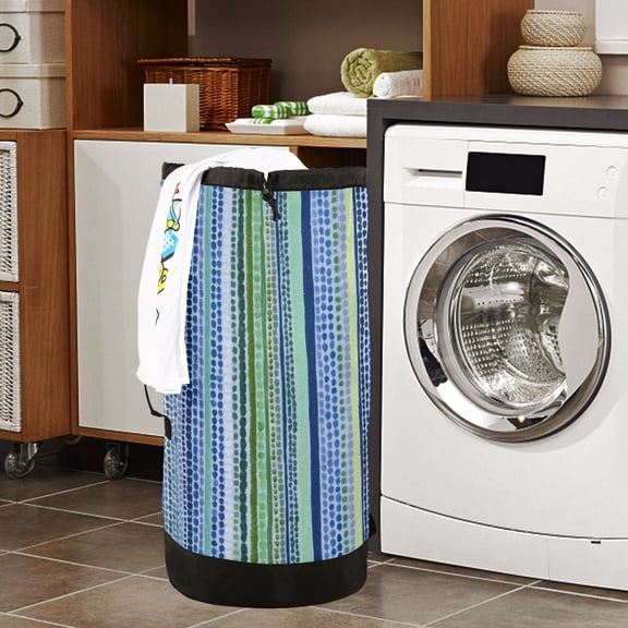 Large Capacity Drawstring Laundry Backpack Portable Dirty Clothes Hamper Vertical Stripes and Dots