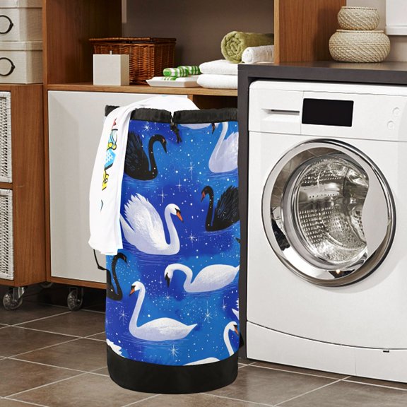 Large Capacity Drawstring Laundry Backpack Portable Dirty Clothes Hamper White Swans and Black Swan Patterns