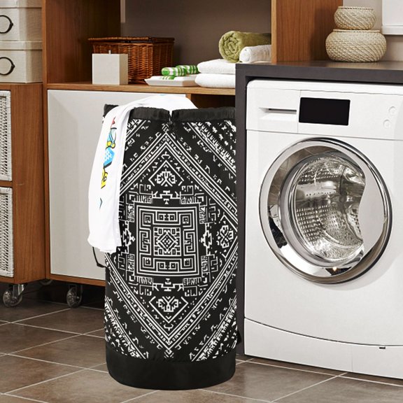 Large Capacity Drawstring Laundry Backpack Portable Dirty Clothes Hamper White and Black Aztec Pattern