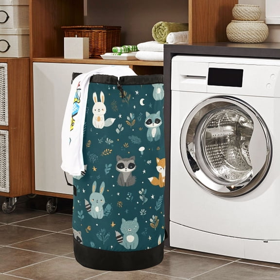 Large Capacity Drawstring Laundry Backpack Portable Dirty Clothes Hamper Woodland Animals
