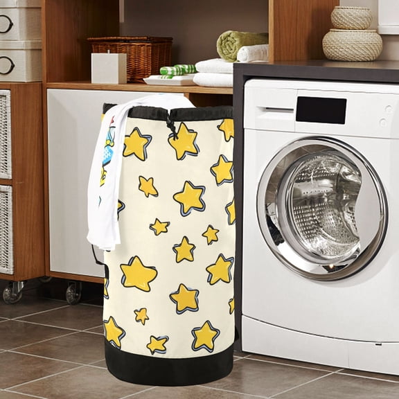 Large Capacity Drawstring Laundry Backpack Portable Dirty Clothes Hamper Yellow Stars
