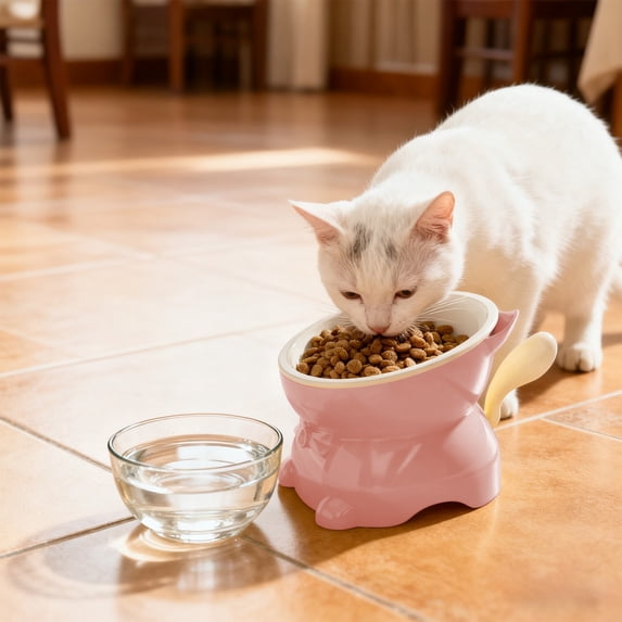 Large Capacity Elevated Cat Food & Water Bowl - Wide Shallow Design for Comfort, 1-Piece Plastic Pet Bowl with Non-Slip Base