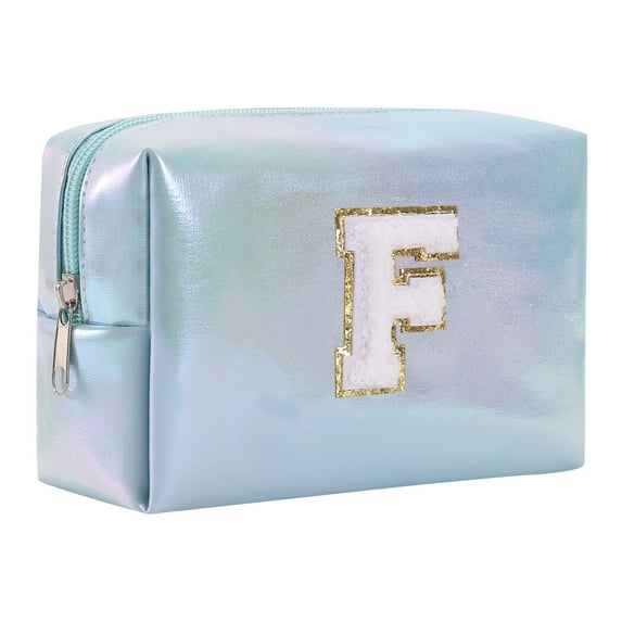 Large Capacity Embroidered Alphabet Makeup Bag Travel Storage Clutch Handbag Cosmetic Bag for Toiletries Blue