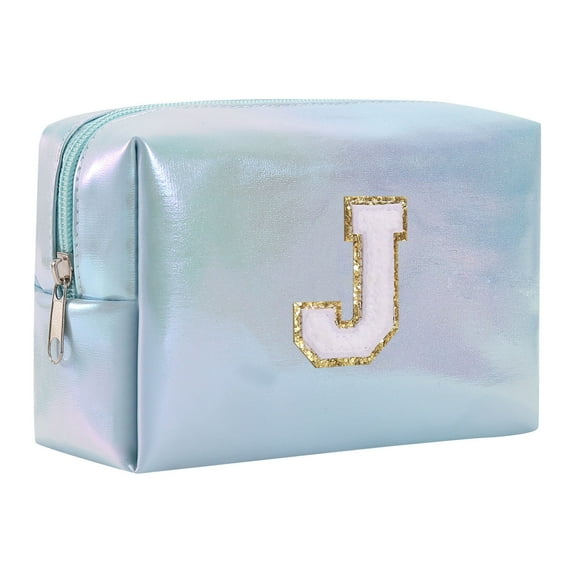 Large Capacity Embroidered Alphabet Makeup Bag Travel Storage Clutch Handbag Cosmetic Bag for Toiletries Blue