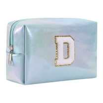 Large Capacity Embroidered Alphabet Makeup Bag for Toiletries Travel Storage and Clutch Handbag in Stylish Blue Design