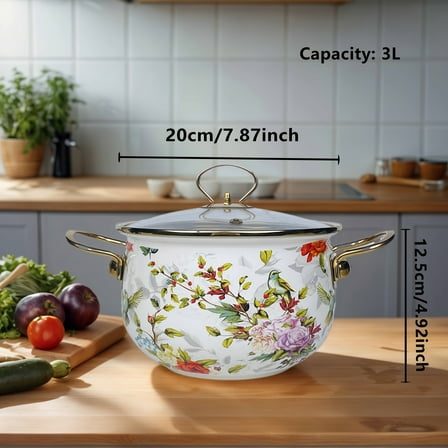 Enamel Soup Pot with Floral Lid, Large Capacity Induction & Gas Stove Compatible, Elegant White & Green Design for Family Cooking
