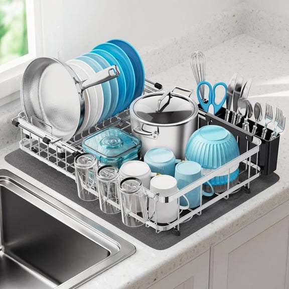 Large Capacity Expandable Dish Drying Rack with Absorbent Mat, 2-Piece Stainless Steel Dish Drainer Set for Counter with Removable Over Sink Rack, Family Size 15" W x 16.5"-21.5" L, Silver
