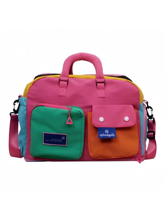 Large Capacity Expandable Stylish Color Block Travel Duffel Bag Multi-Pocket Weekender Overnight Bag with Adjustable Shoulder Strap, Perfect for Sports Gym Vacation 