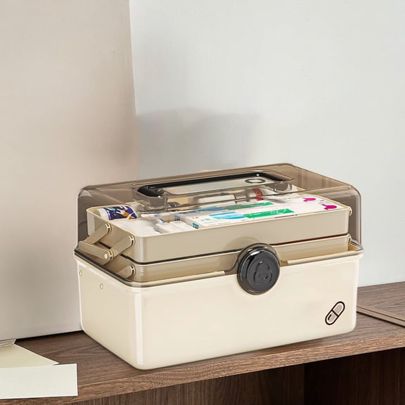 Large Capacity First Aid Storage Box with Handle – Multi-Layer Folding Organizer for Home, Car, Travel Waterproof Plastic Medical Box for Emergency Supplies & Daily Essentials (Beige, 11.6in/8.4in)
