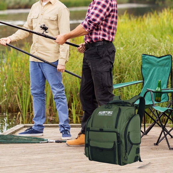 Large Capacity Fishing Backpack with Rod Holder - 11" x 8" x 15" Storage Area for Tackle Boxes, Zippered Side Pockets, and Adjustable Shoulder Straps