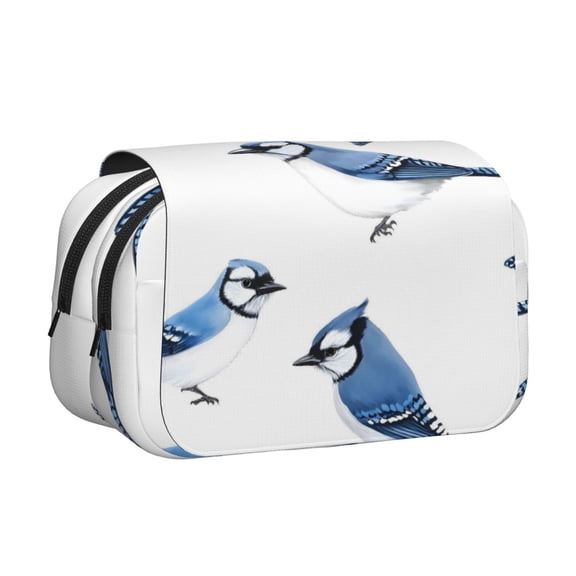 Large-Capacity Flip-Top Double-Layer Pencil Case, Multi-Functional Pocket Pen Case, Durable Stationery Organizer Blue-And-White Bird