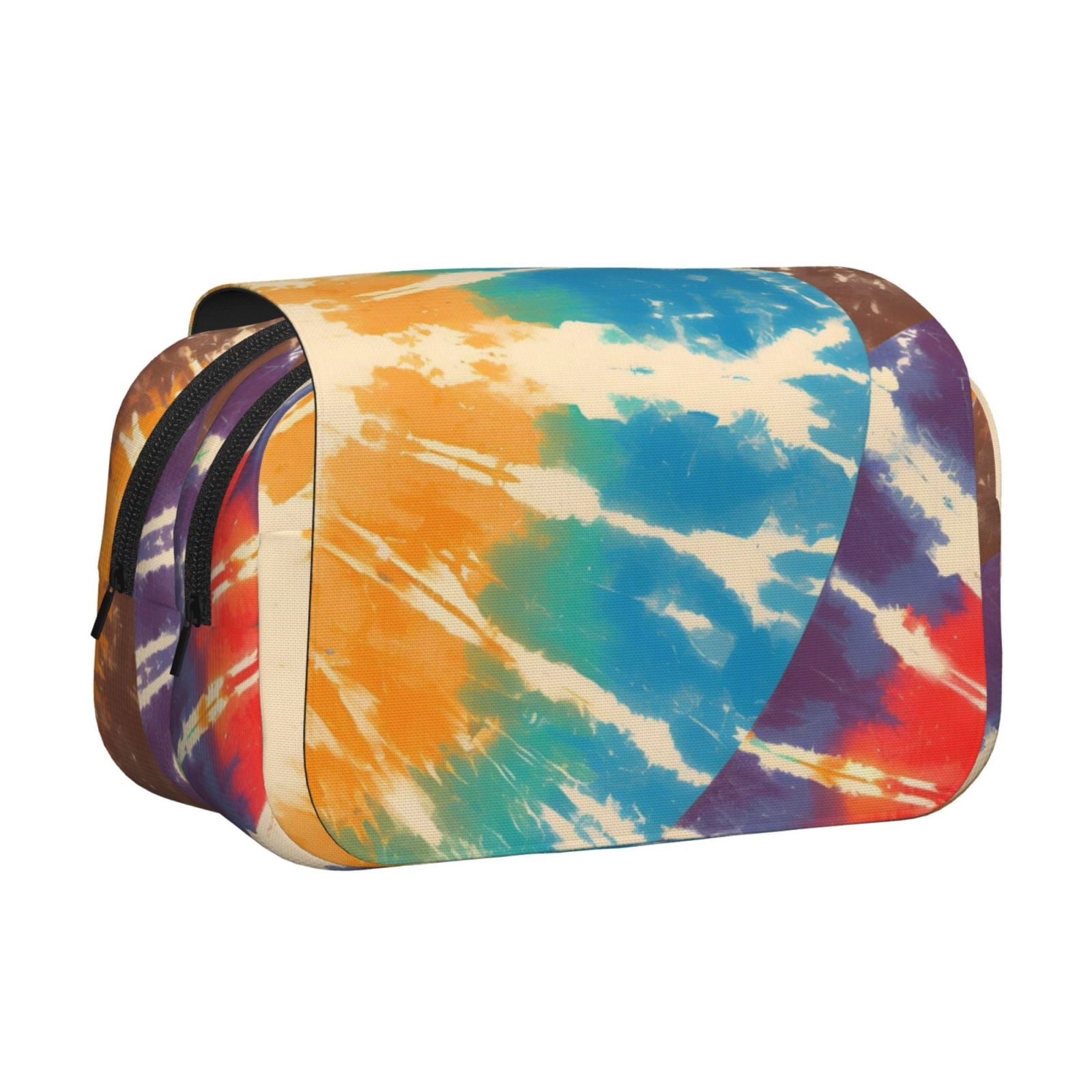 Large-Capacity Flip-Top Double-Layer Pencil Case, Multi-Functional Pocket Pen Case, Durable Stationery Organizer Brown Tie-Dye Background Rainbow Colors
