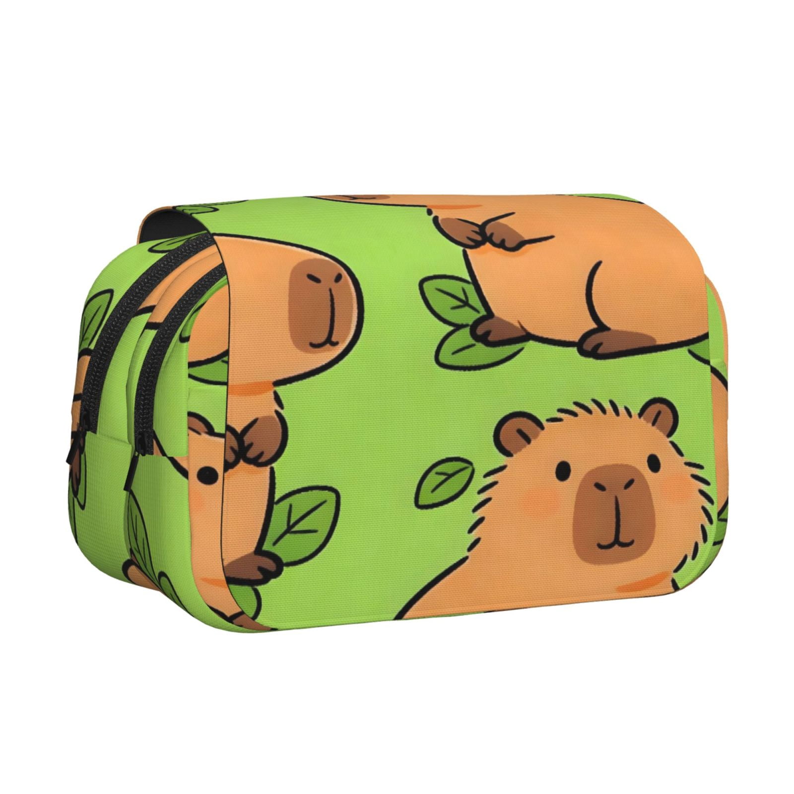 Large-Capacity Flip-Top Double-Layer Pencil Case, Multi-Functional Pocket Pen Case, Durable Stationery Organizer Capybara Leaves