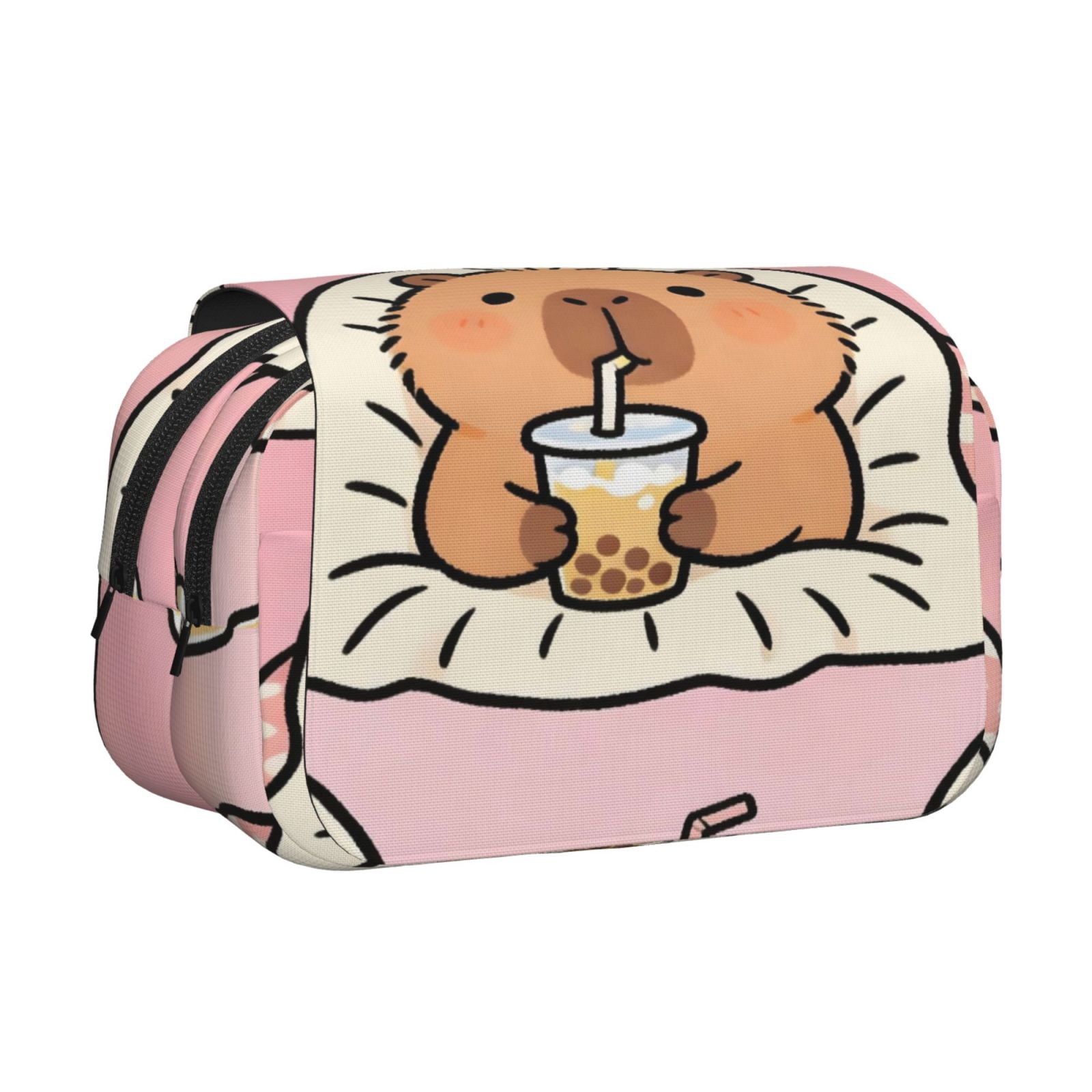 Large-Capacity Flip-Top Double-Layer Pencil Case, Multi-Functional Pocket Pen Case, Durable Stationery Organizer Capybara Lounging While Sipping Bubble Tea