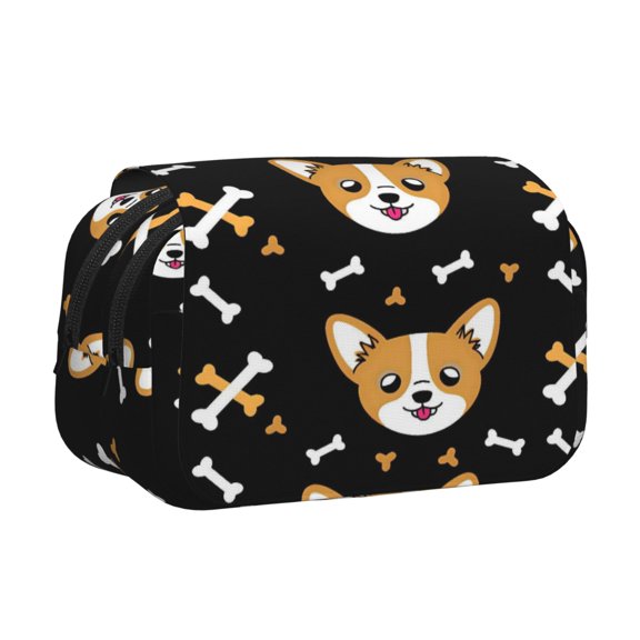 Large-Capacity Flip-Top Double-Layer Pencil Case, Multi-Functional Pocket Pen Case, Durable Stationery Organizer Corgi And Bones