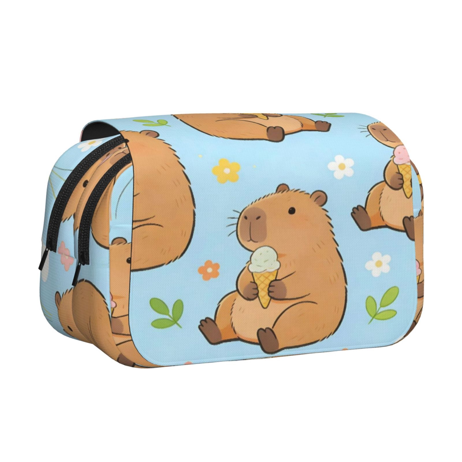 Large-Capacity Flip-Top Double-Layer Pencil Case, Multi-Functional Pocket Pen Case, Durable Stationery Organizer Cute Capybara Flower Balloon Blue Background