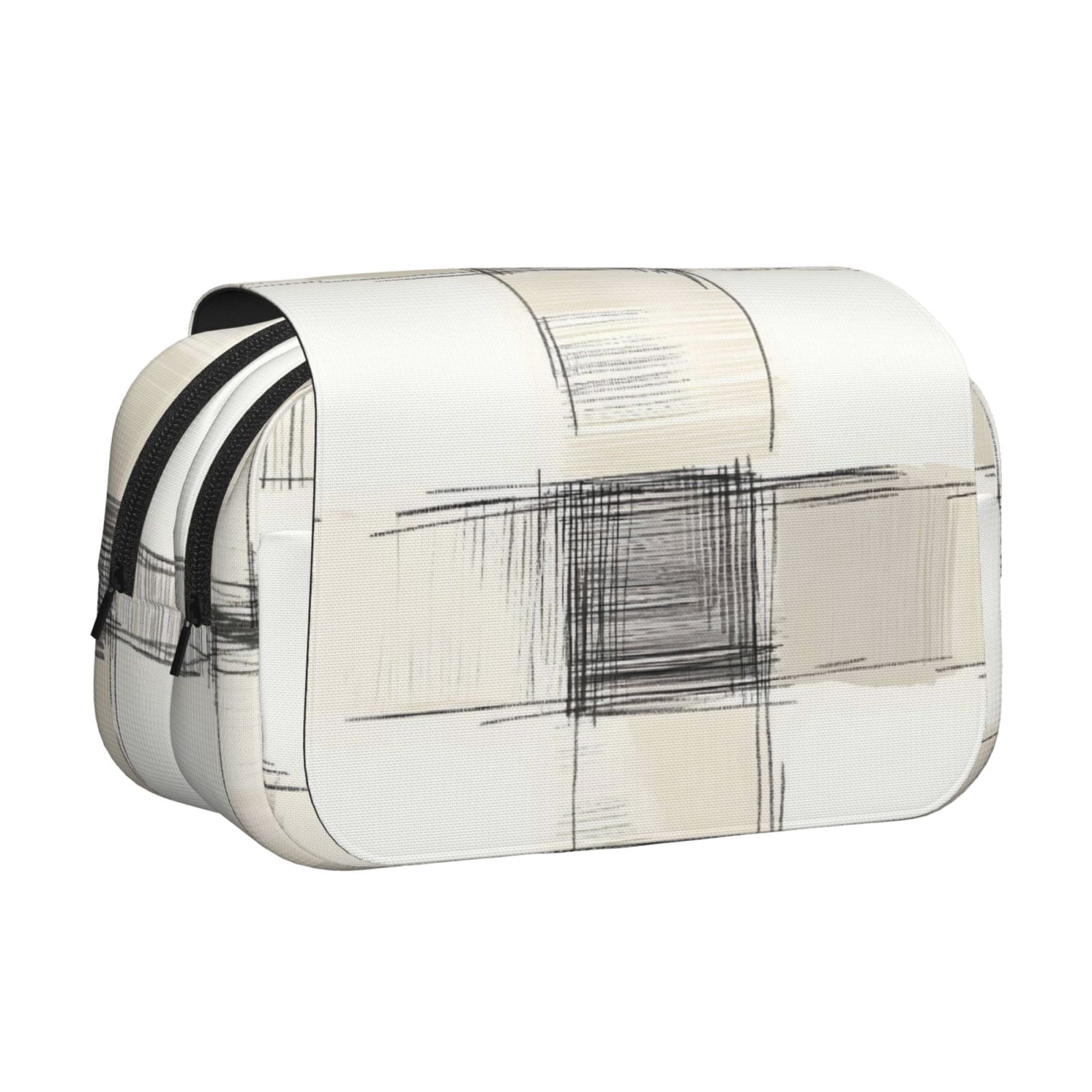 Large-Capacity Flip-Top Double-Layer Pencil Case, Multi-Functional Pocket Pen Case, Durable Stationery Organizer Ivory Checked Hand-Drawn Sketch_3