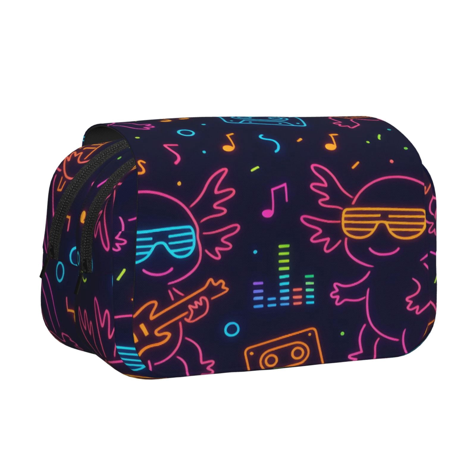 Large-Capacity Flip-Top Double-Layer Pencil Case, Multi-Functional Pocket Pen Case, Durable Stationery Organizer Neon Party Axolotls - 80s Synthwave