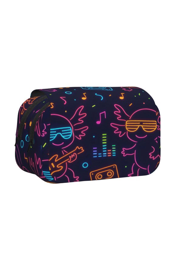 Large-Capacity Flip-Top Double-Layer Pencil Case, Multi-Functional Pocket Pen Case, Durable Stationery Organizer Neon Party Axolotls - 80s Synthwave