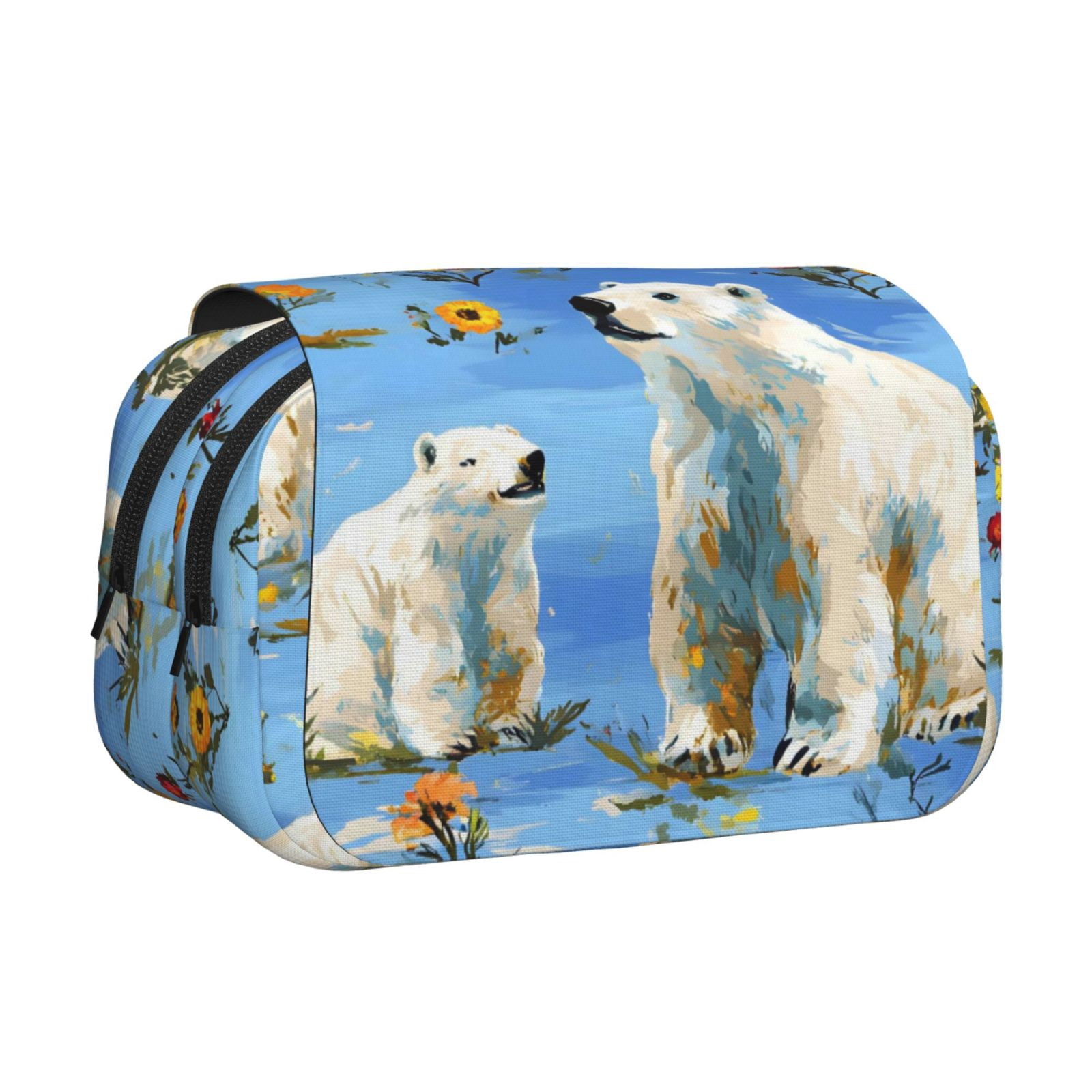 Large-Capacity Flip-Top Double-Layer Pencil Case, Multi-Functional Pocket Pen Case, Durable Stationery Organizer Polar Bear And Flower