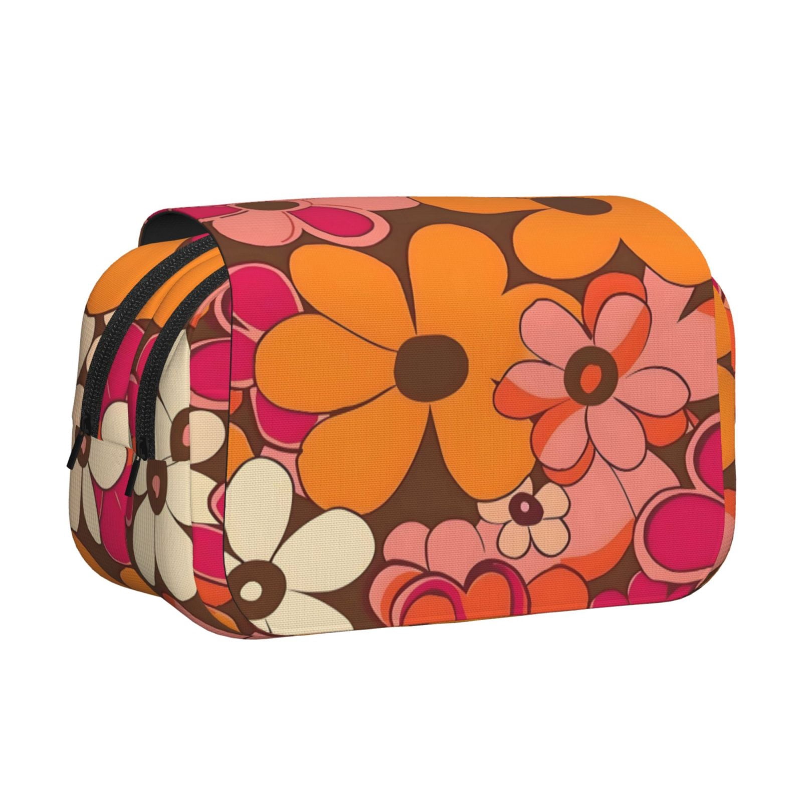 Large-Capacity Flip-Top Double-Layer Pencil Case, Multi-Functional Pocket Pen Case, Durable Stationery Organizer Retro Groovy Flowers Pattern (14)