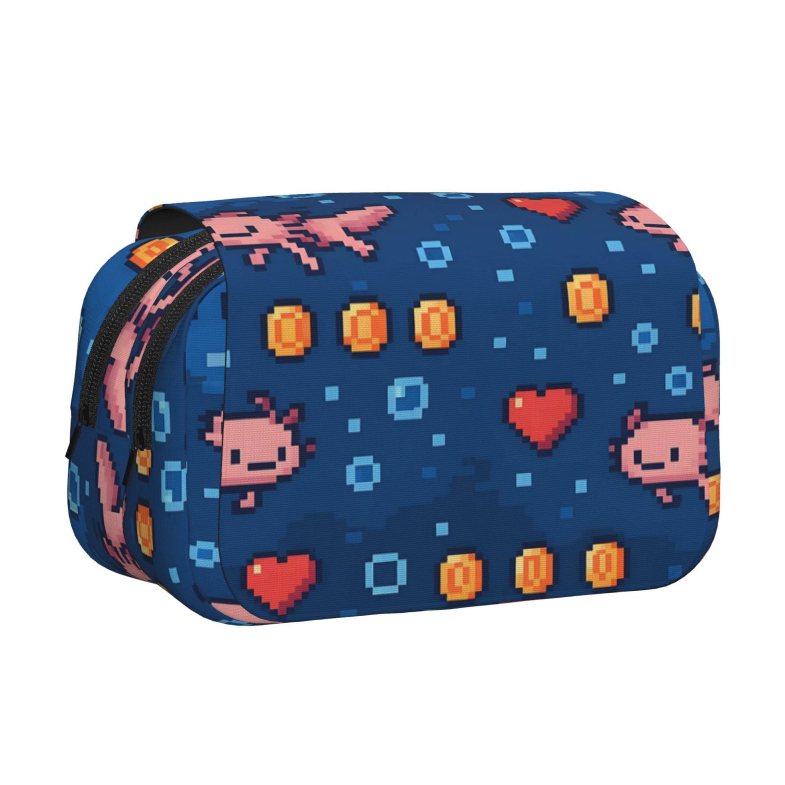 Large-Capacity Flip-Top Double-Layer Pencil Case, Multi-Functional Pocket Pen Case, Durable Stationery Organizer Retro Pixel Axolotls - 8-Bit Nostalgia