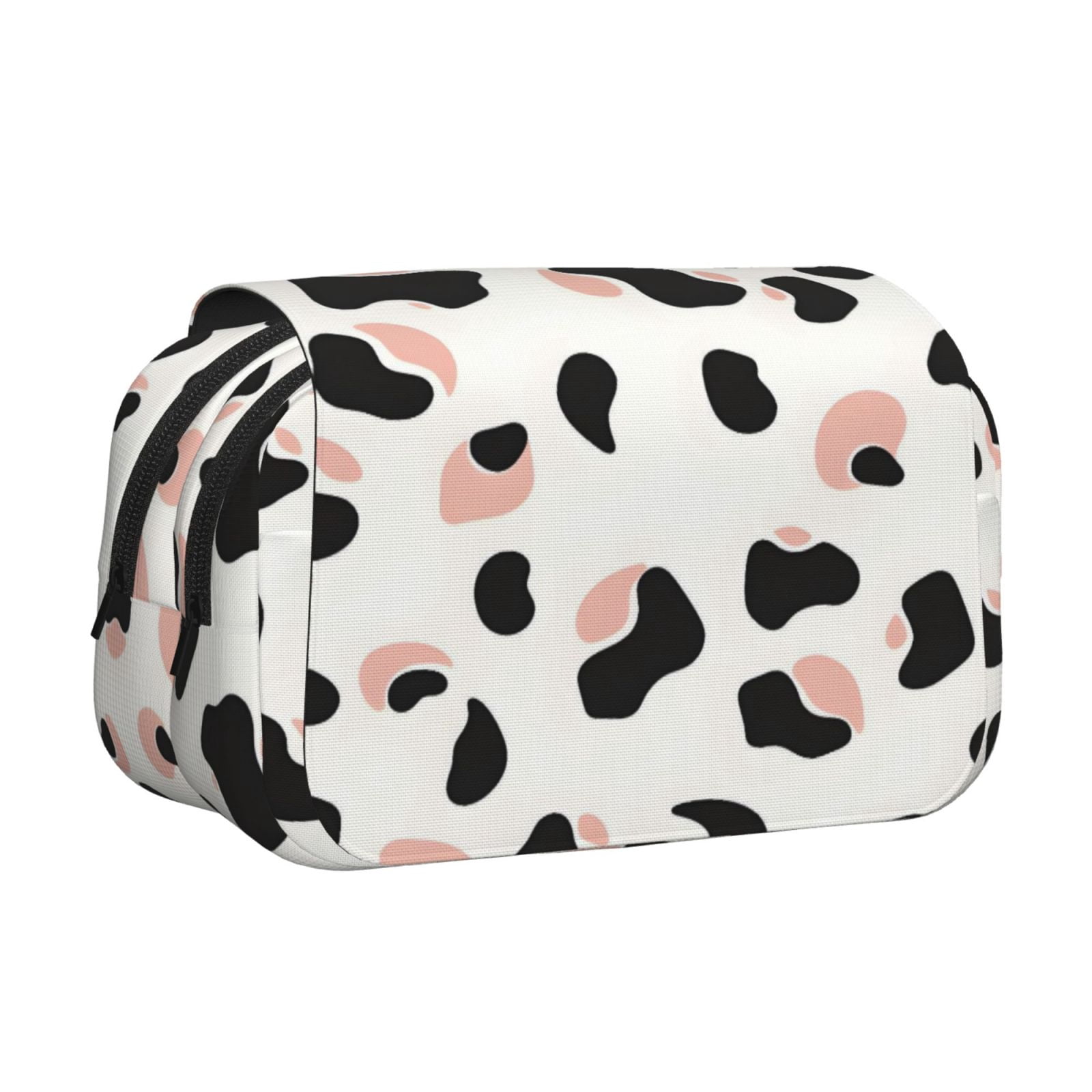 Large-Capacity Flip-Top Double-Layer Pencil Case, Multi-Functional Pocket Pen Case, Durable Stationery Organizer Simple Cow Print Pattern White Background, Pink And White_2