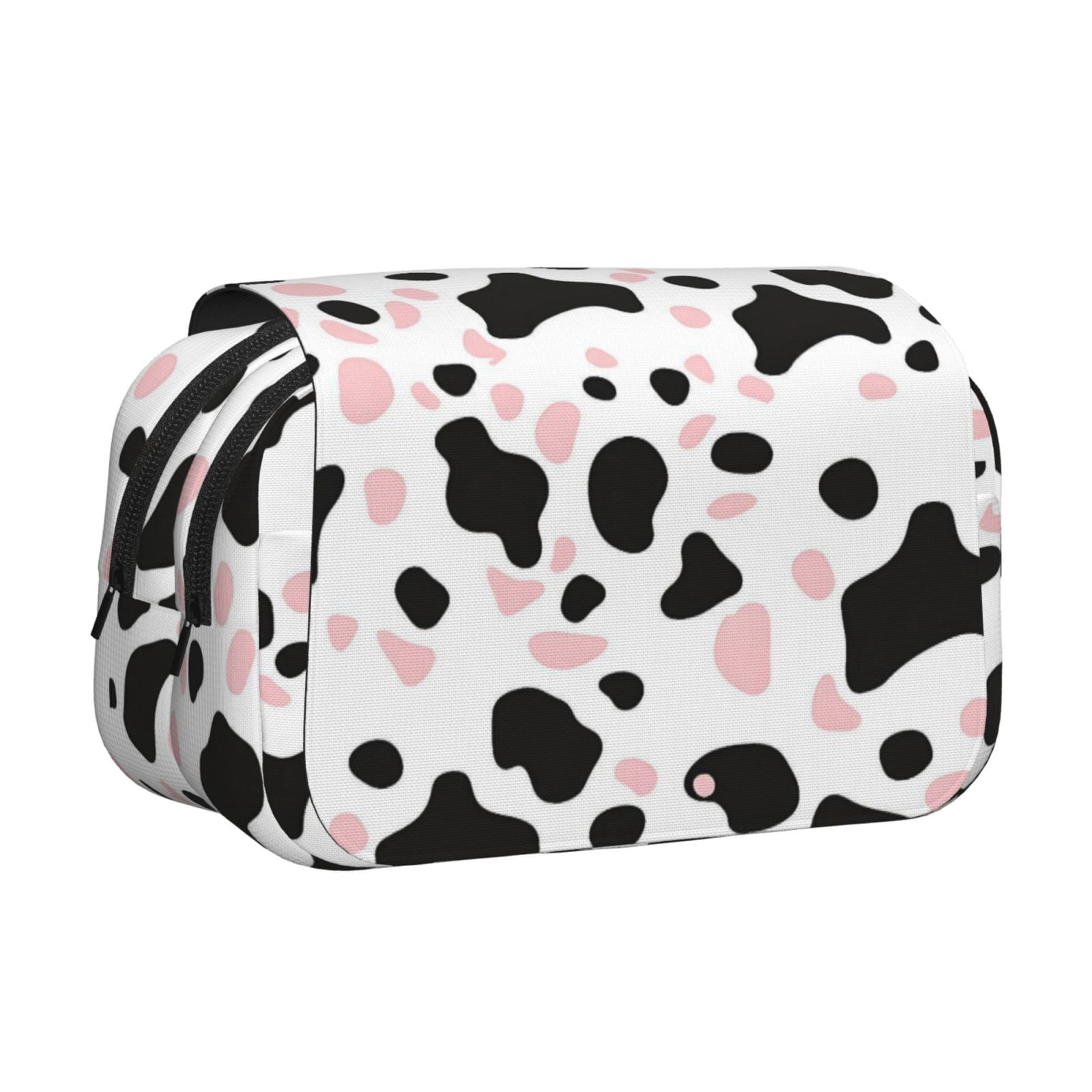 Large-Capacity Flip-Top Double-Layer Pencil Case, Multi-Functional Pocket Pen Case, Durable Stationery Organizer Simple Cow Print Pattern White Background, Pink And White_1
