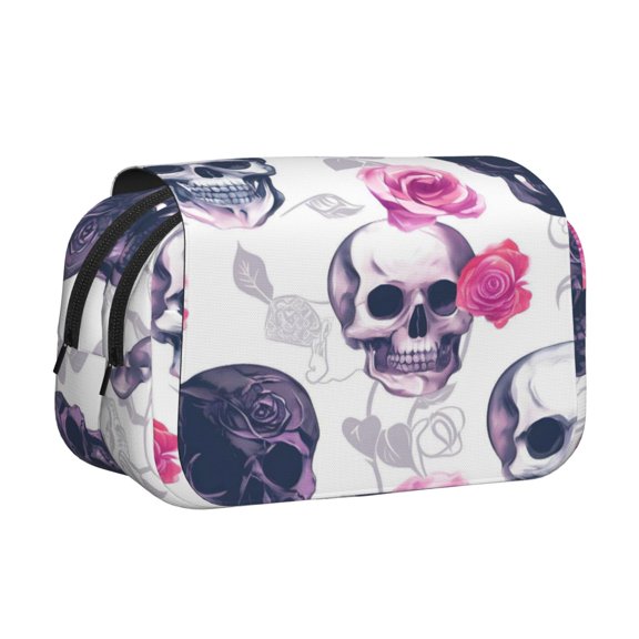 Large-Capacity Flip-Top Double-Layer Pencil Case, Multi-Functional Pocket Pen Case, Durable Stationery Organizer Skulls And Roses