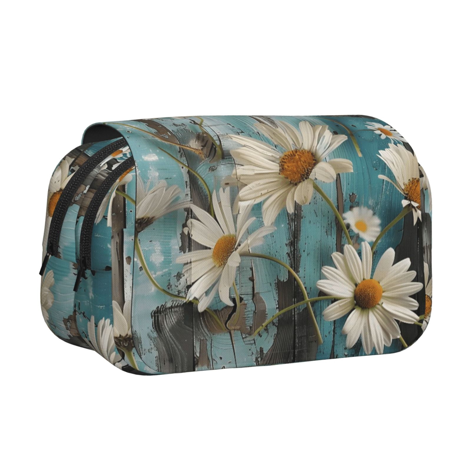 Large-Capacity Flip-Top Double-Layer Pencil Case, Multi-Functional Pocket Pen Case, Durable Stationery Organizer Turquoise Wood Farmhouse Sunflowers (12)