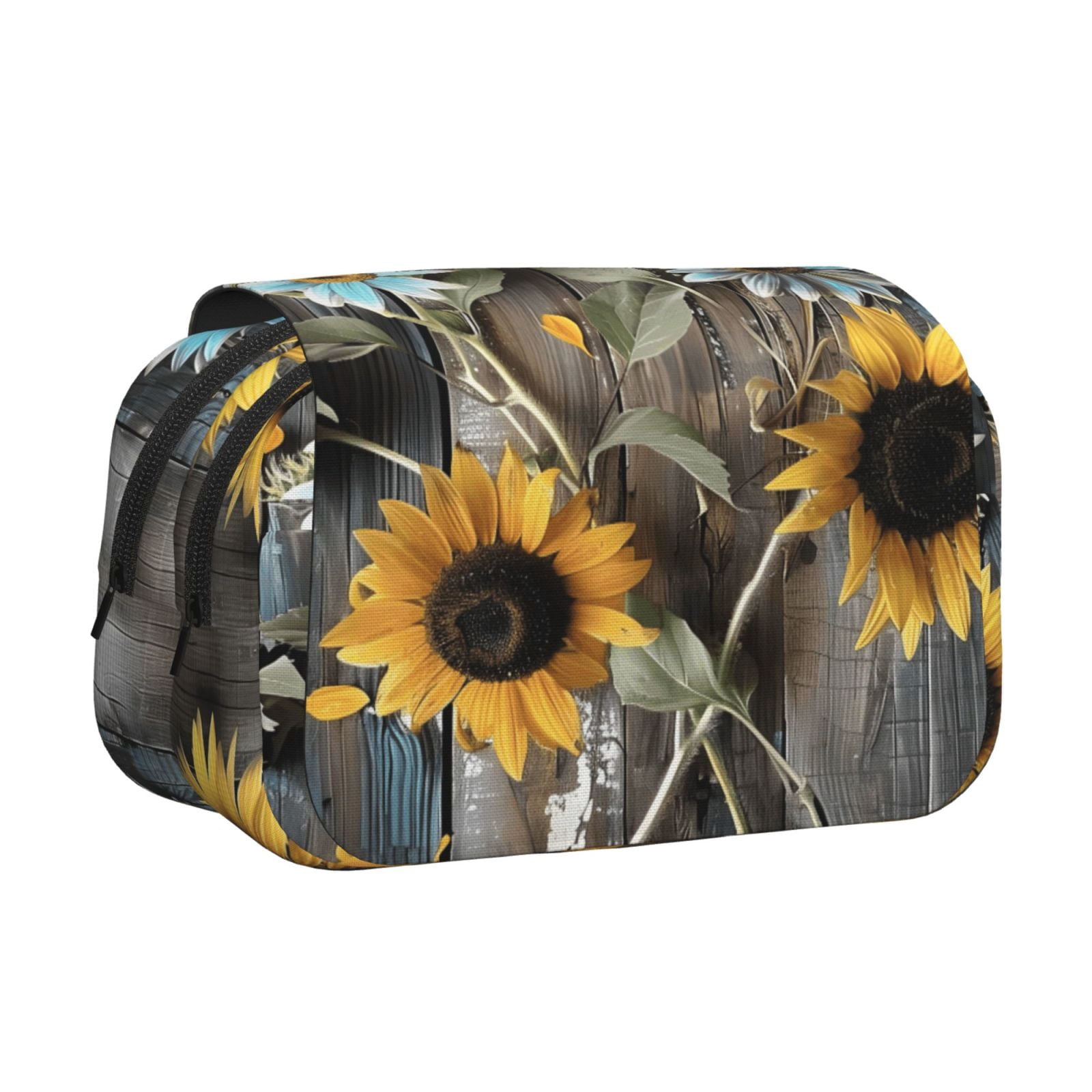 Large-Capacity Flip-Top Double-Layer Pencil Case, Multi-Functional Pocket Pen Case, Durable Stationery Organizer Turquoise Wood Farmhouse Sunflowers (1)