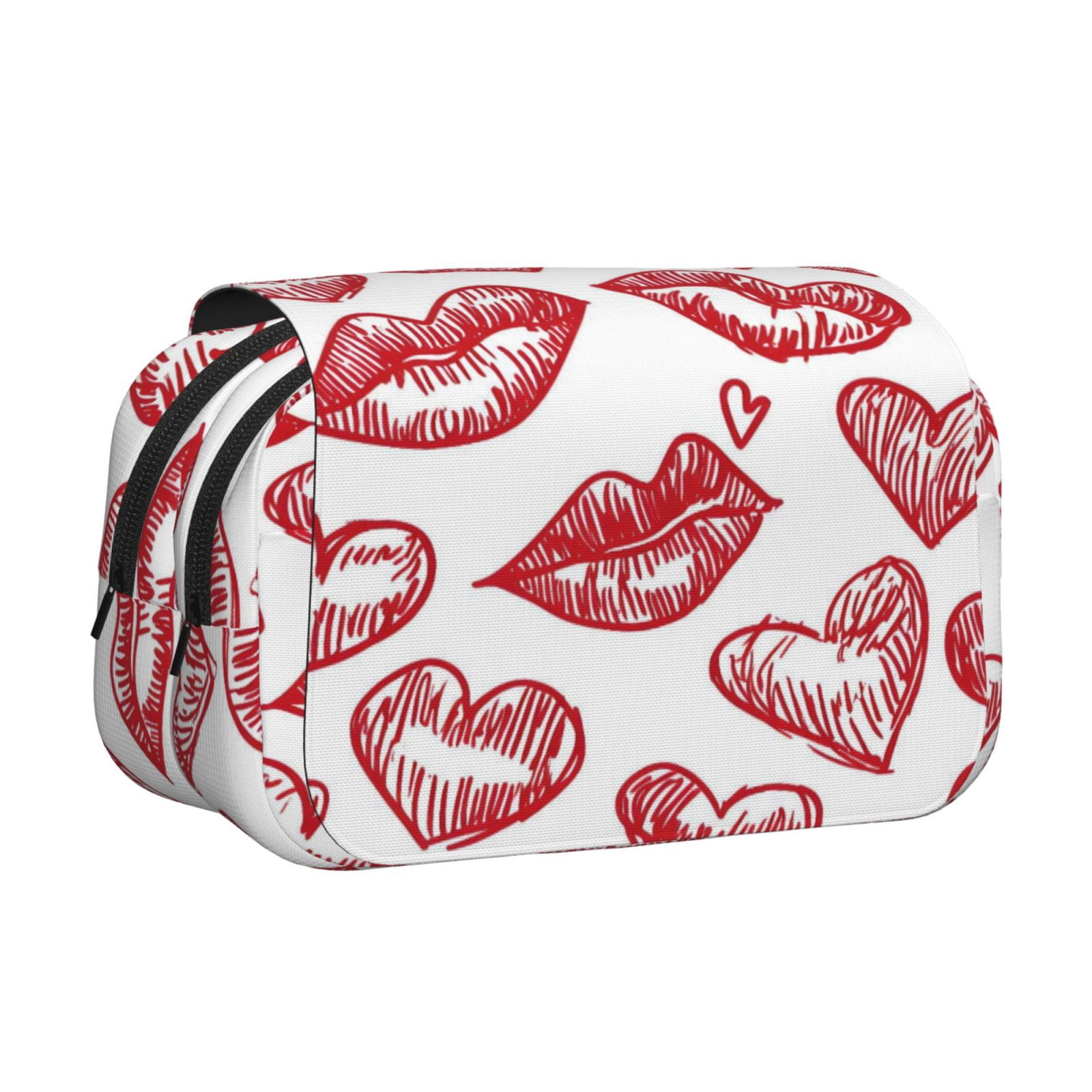 Large-Capacity Flip-Top Double-Layer Pencil Case, Multi-Functional Pocket Pen Case, Durable Stationery Organizer Valentines Day Sexy Lips And Hearts