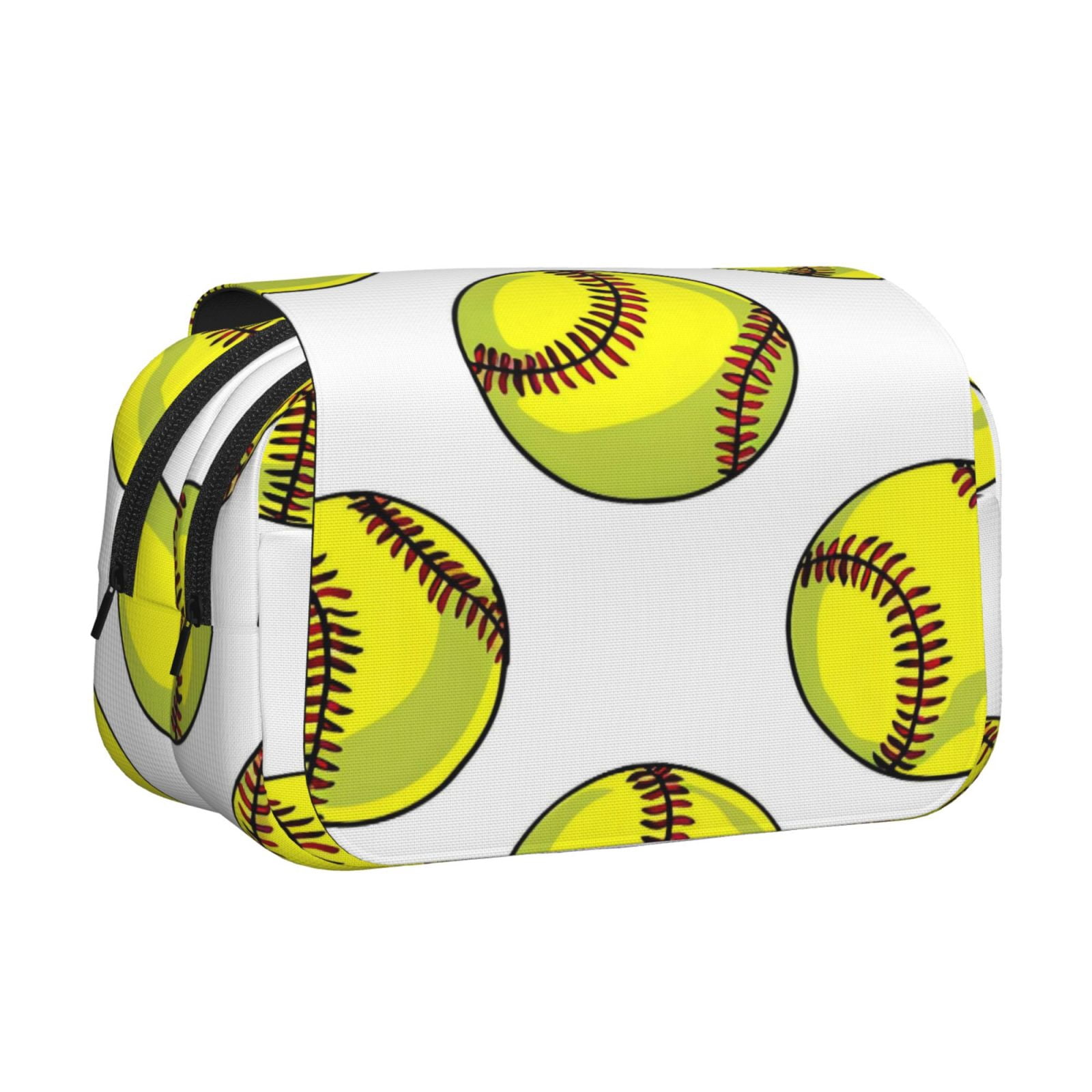 Large-Capacity Flip-Top Double-Layer Pencil Case, Multi-Functional Pocket Pen Case, Durable Stationery Organizer Yellow Softballs With Red Stitching Clean White Background