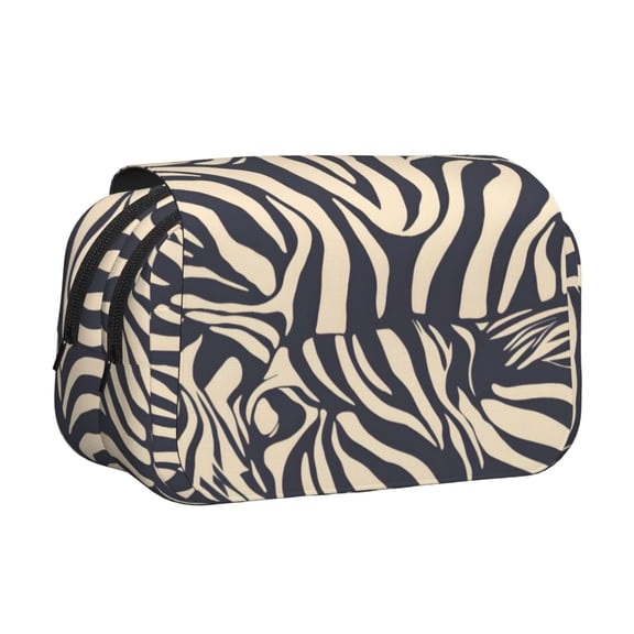 Large-Capacity Flip-Top Double-Layer Pencil Case, Multi-Functional Pocket Pen Case, Durable Stationery Organizer Zebra Skin Print Style Navy_4