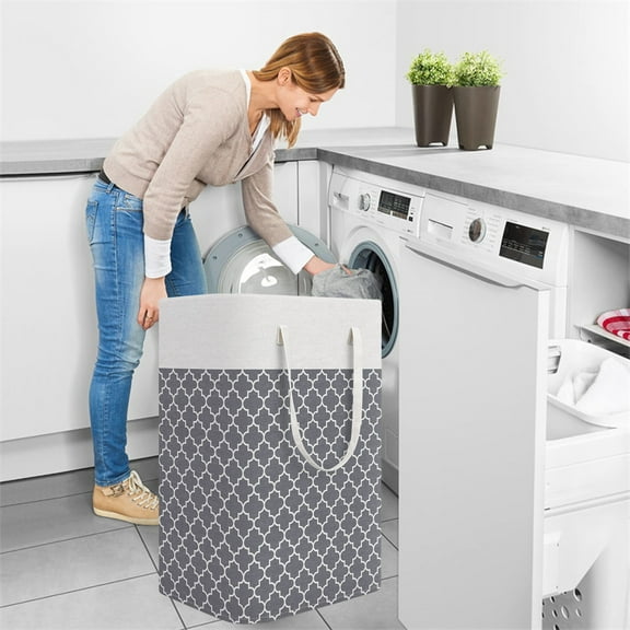 Large Capacity Foldable Fabric Dirty Laundry Hamper Basket, Collapsible Clothes Basket, Canvas Laundry Organizer, 60x40x30cm with Water Resistant Lining and Handles, for College Dorm, Gray