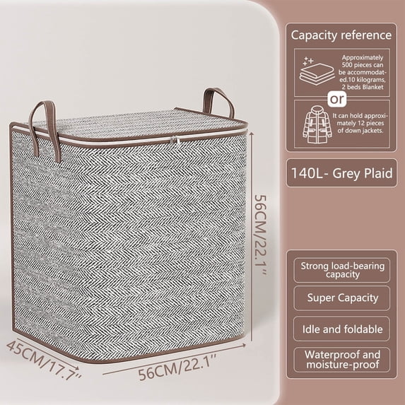 Large Capacity Foldable Non-Woven Fabric Storage Bin with Zipper Lid & Dual Carry Handles, Herringbone Pattern Dustproof Closet Organizer Sack for Quilts Clothes Blankets Household Space Saving B