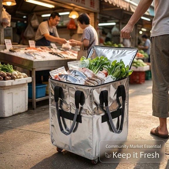 Large Capacity Foldable Shopping Bag With Wheels, Portable Rolling Shopping Cart Holds Over 10L, Collapsible Carry Tote Ideal For Grocery Shopping And Outdoor Camping